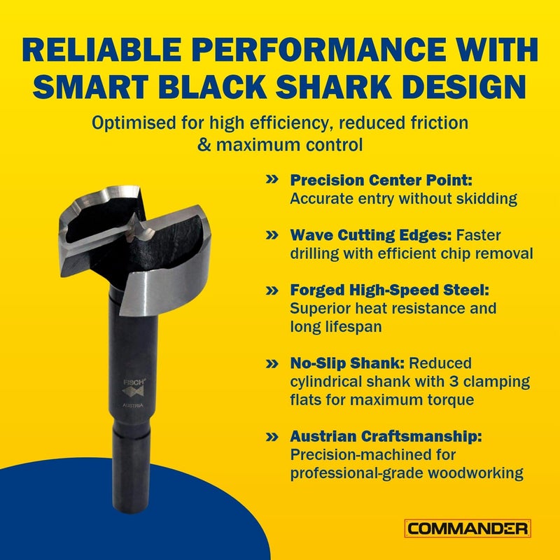 Fisch Black Shark Forged Steel Forstner Drill Bit Set for Woodworking, Precision Wave Design, Clean Cuts in Hardwoods, MDF and Plywood, Made in Austria 7 Pcs Set Inc (1/4" to 2-1/8") in Blister Pack - Image 5